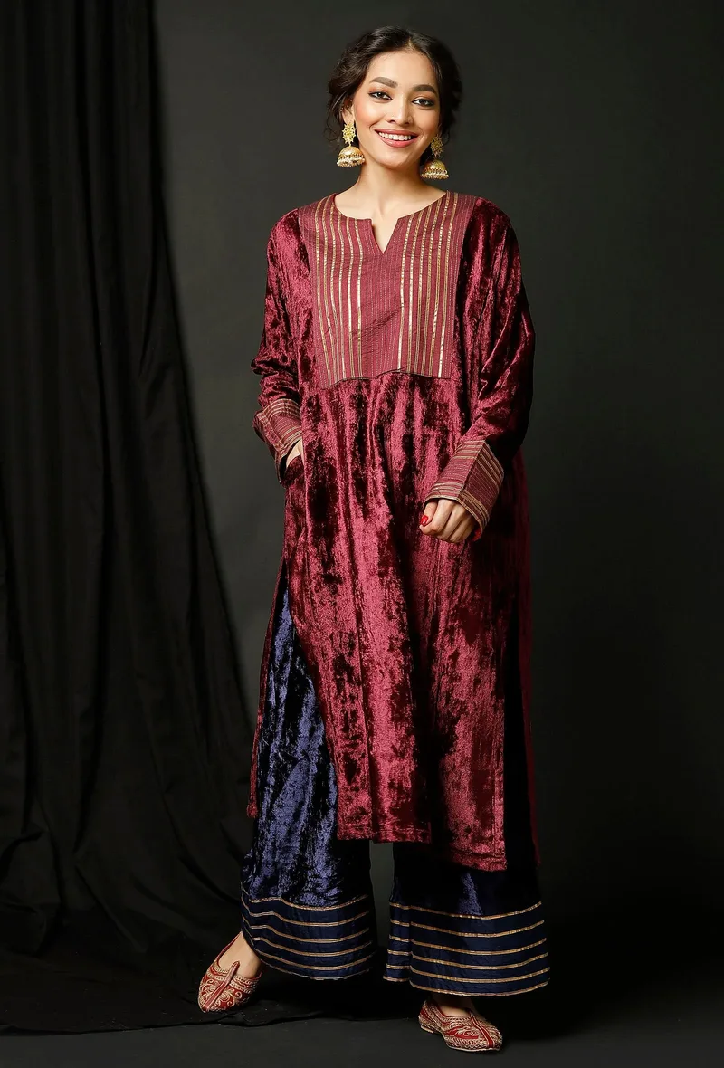 Set of 2 : Wine Velvet Phiran and Blue Velvet Pallazo