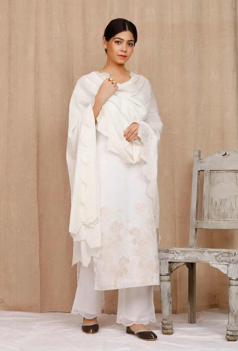 Set of 2: White Organdy Embroidered Kurta and Palazzos