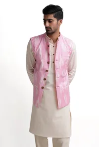 Pastel Pink Ikat Nehru Jacket image 1