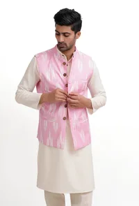 Pastel Pink Ikat Nehru Jacket image 2
