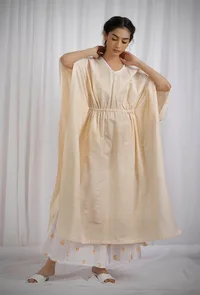 Set Of 2: Yellow Cotton Striped Kaftan Kurta with White Cotton Slub Kalidar Flared Pants image 1