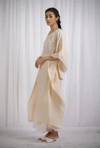 Set Of 2: Yellow Cotton Striped Kaftan Kurta with White Cotton Slub Kalidar Flared Pants image 2