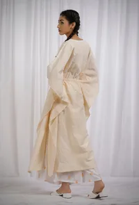 Set Of 2: Yellow Cotton Striped Kaftan Kurta with White Cotton Slub Kalidar Flared Pants image 3