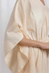 Set Of 2: Yellow Cotton Striped Kaftan Kurta with White Cotton Slub Kalidar Flared Pants image 4