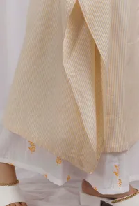 Set Of 2: Yellow Cotton Striped Kaftan Kurta with White Cotton Slub Kalidar Flared Pants image 5