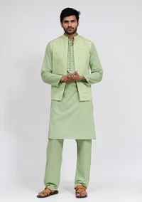 Set of 3: Mint Green Dobby Nehru Jacket With Mint Green Cotton Kurta and Pajama image 1