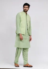 Set of 3: Mint Green Dobby Nehru Jacket With Mint Green Cotton Kurta and Pajama image 2