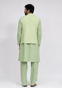 Set of 3: Mint Green Dobby Nehru Jacket With Mint Green Cotton Kurta and Pajama image 3