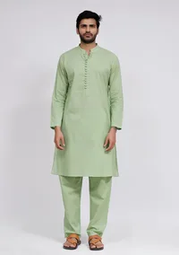 Set of 3: Mint Green Dobby Nehru Jacket With Mint Green Cotton Kurta and Pajama image 4