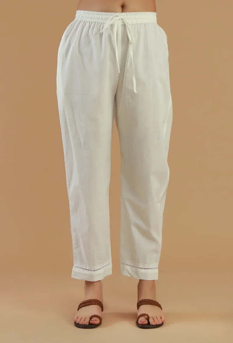 White Cotton Straight Lace Hem Pant