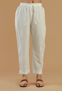 White Cotton Straight Lace Hem Pant image 1