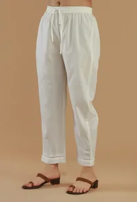 White Cotton Straight Lace Hem Pant image 2