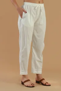 White Cotton Straight Lace Hem Pant image 3