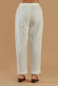 White Cotton Straight Lace Hem Pant image 4