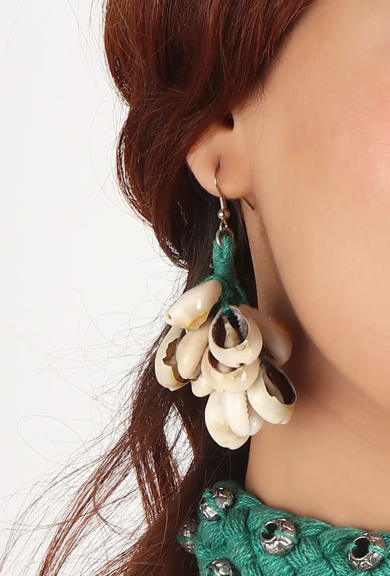 Green Thread & Seashell Earrings
