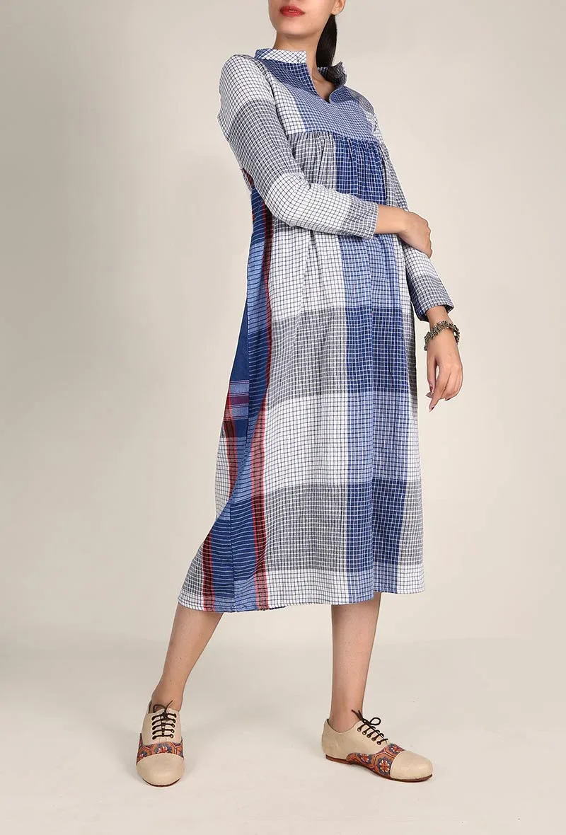 Pacific Blue And White Handloom Cotton Gamcha Check Midi Dress