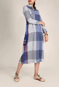 Pacific Blue And White Handloom Cotton Gamcha Check Midi Dress image 1