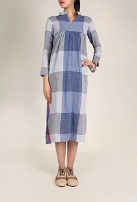Pacific Blue And White Handloom Cotton Gamcha Check Midi Dress image 2