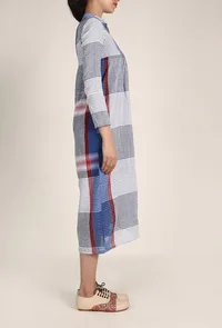 Pacific Blue And White Handloom Cotton Gamcha Check Midi Dress image 3