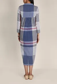 Pacific Blue And White Handloom Cotton Gamcha Check Midi Dress image 4