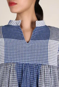 Pacific Blue And White Handloom Cotton Gamcha Check Midi Dress image 5
