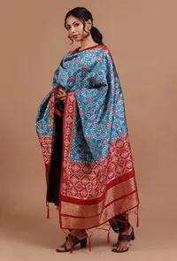 Blue & Red Color Semi Silk Dupatta With Zari Weaving image 2
