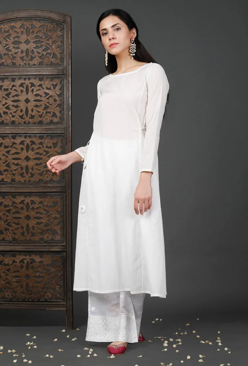 Side Dori White Soya Cotton Kurta