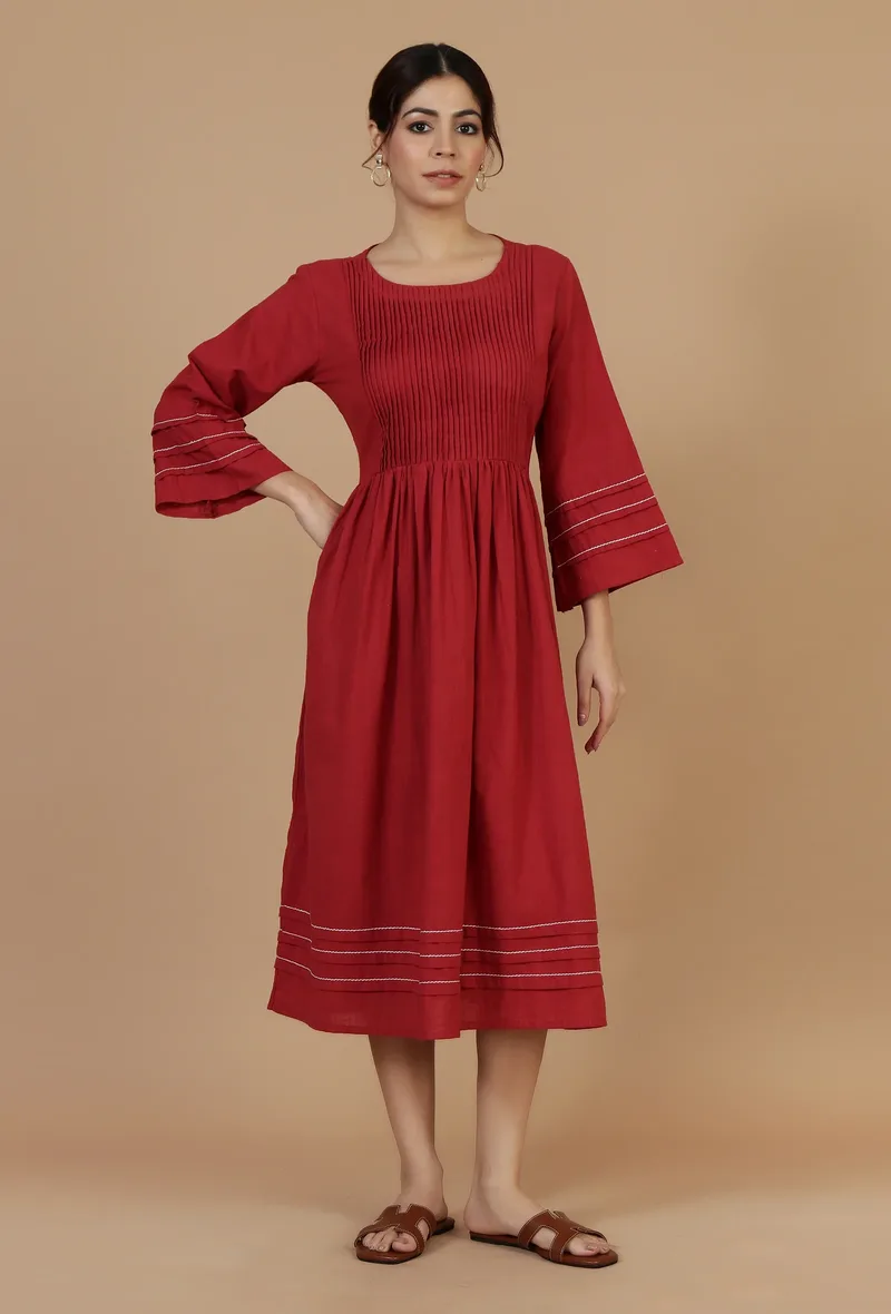 Maroon Cotton Midi Dress with Pintucks & Contrast Stitching