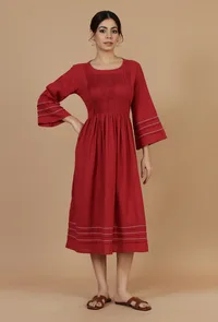 Maroon Cotton Midi Dress with Pintucks & Contrast Stitching image 1