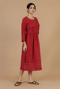 Maroon Cotton Midi Dress with Pintucks & Contrast Stitching image 2