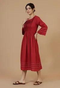 Maroon Cotton Midi Dress with Pintucks & Contrast Stitching image 3