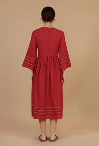 Maroon Cotton Midi Dress with Pintucks & Contrast Stitching image 4