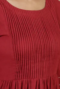 Maroon Cotton Midi Dress with Pintucks & Contrast Stitching image 5