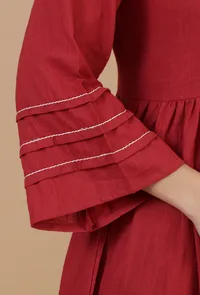 Maroon Cotton Midi Dress with Pintucks & Contrast Stitching image 6