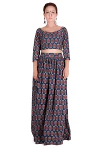 Set of 2 - Blue Ajrakh padded Crop Top & Skirt image 1