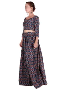 Set of 2 - Blue Ajrakh padded Crop Top & Skirt image 2