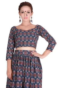Set of 2 - Blue Ajrakh padded Crop Top & Skirt image 4