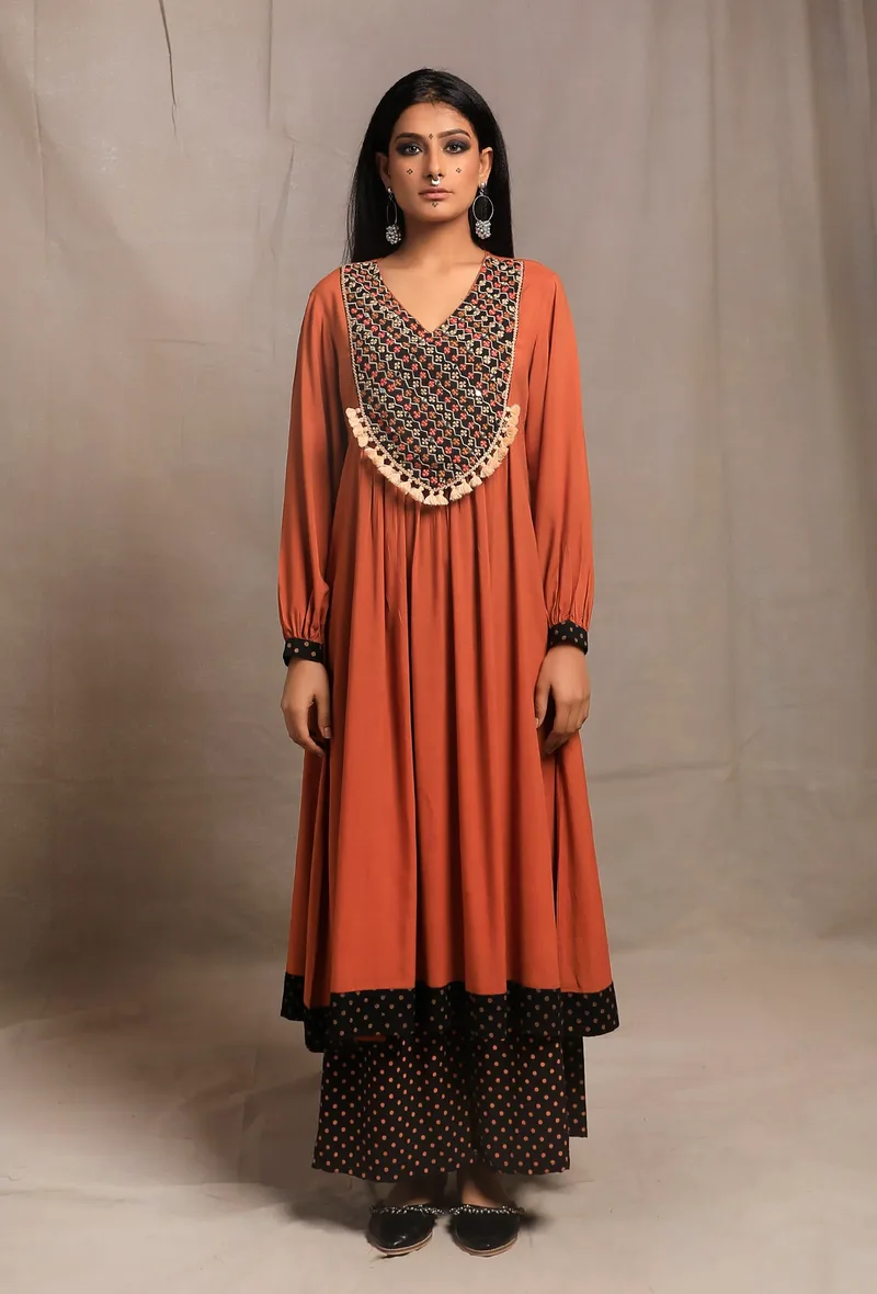 Set of 2: Orange Rust Front Patched Embellished Kurta Dress with Black Hand Block Printed palazzo Pants