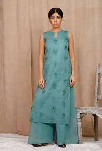 Dark Green Embroidered Organdy Kurta image 1