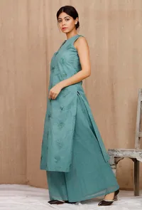 Dark Green Embroidered Organdy Kurta image 3