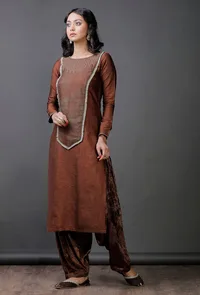 Brown Raw Silk  stripes block printed Kurta image 1