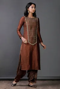 Brown Raw Silk  stripes block printed Kurta image 2