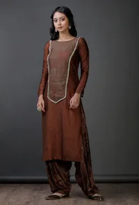 Brown Raw Silk  stripes block printed Kurta image 3