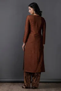 Brown Raw Silk  stripes block printed Kurta image 4