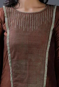 Brown Raw Silk  stripes block printed Kurta image 5