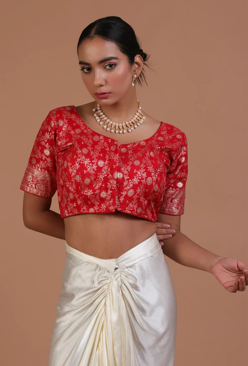 Red Color Raw Silk Embroidered Blouse