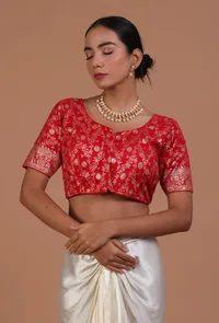 Red Color Raw Silk Embroidered Blouse image 2