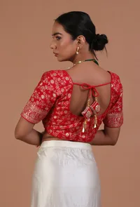 Red Color Raw Silk Embroidered Blouse image 6