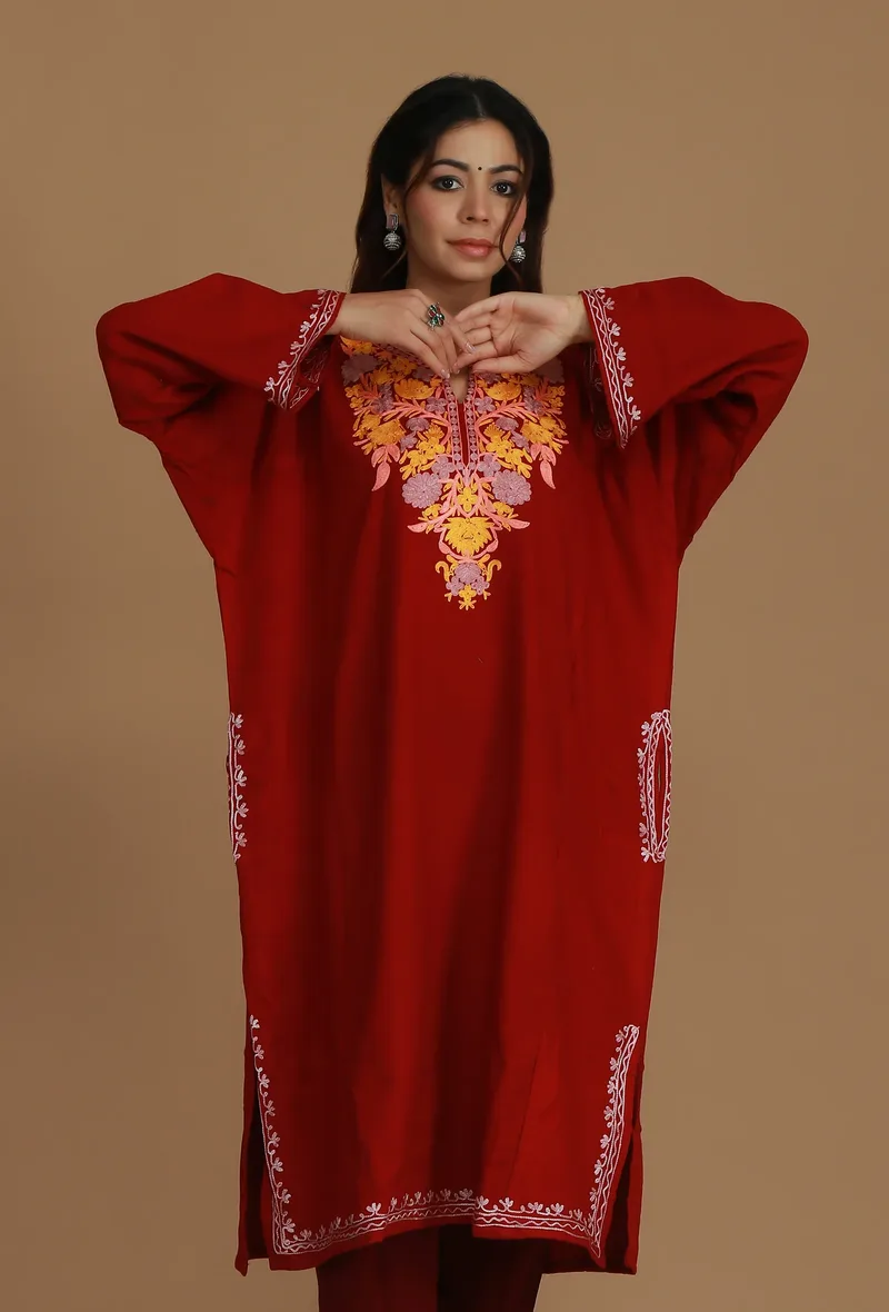 Maroon Phiran with Yellow and White Aari Embroidery- Free Size