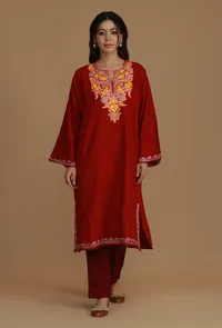 Maroon Phiran with Yellow and White Aari Embroidery- Free Size image 2